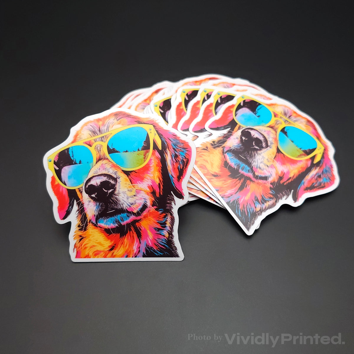 Die-cut dog stickers with colourful fur and sunglasses