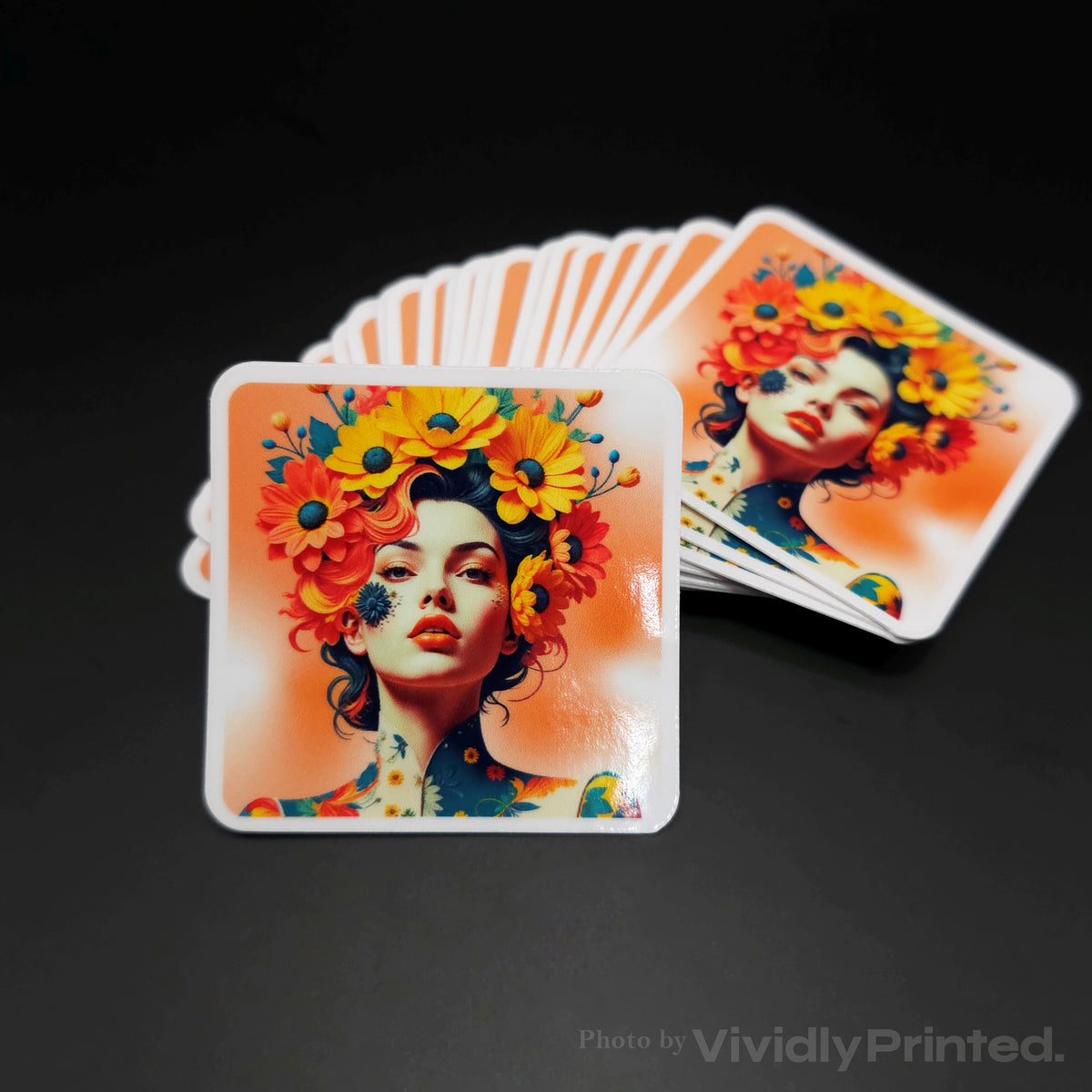 Square stickers with an illustrated woman wearing a flower crown