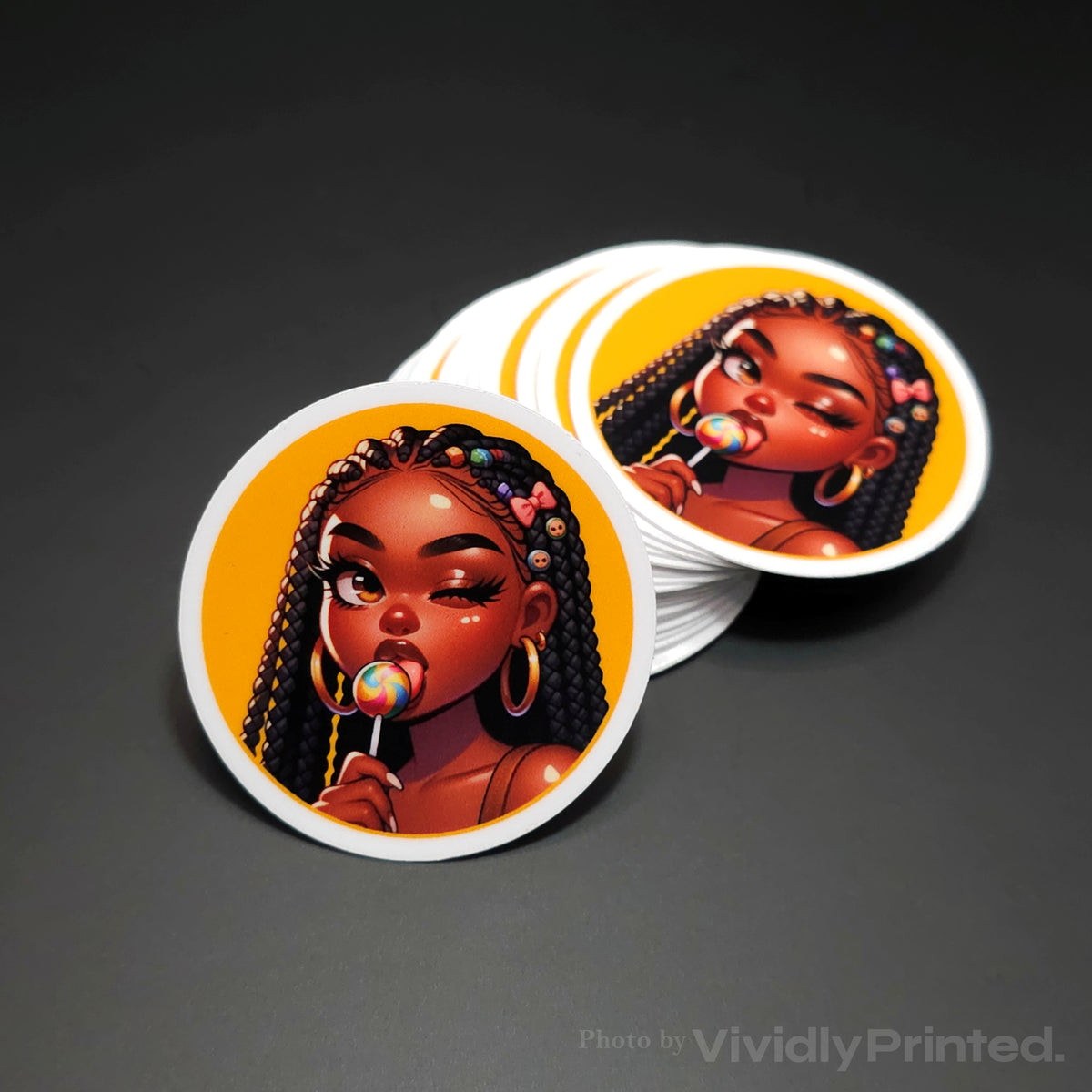 Round stickers with an illustrated woman on a yellow background