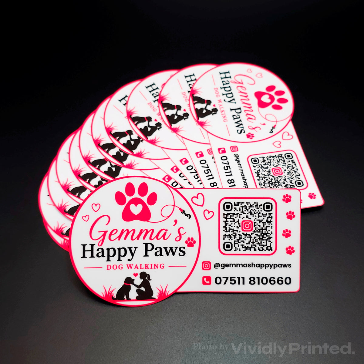 Pink Gemma's Happy Paws dog walking stickers with a QR code