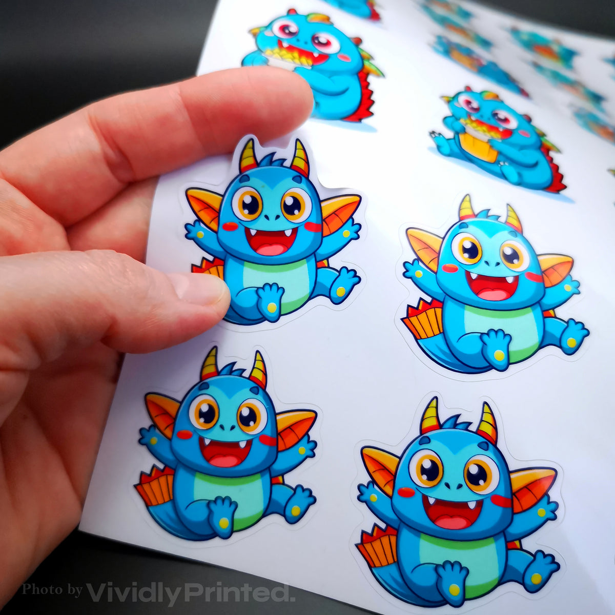 Peeling a blue dragon sticker from its white backing sheet