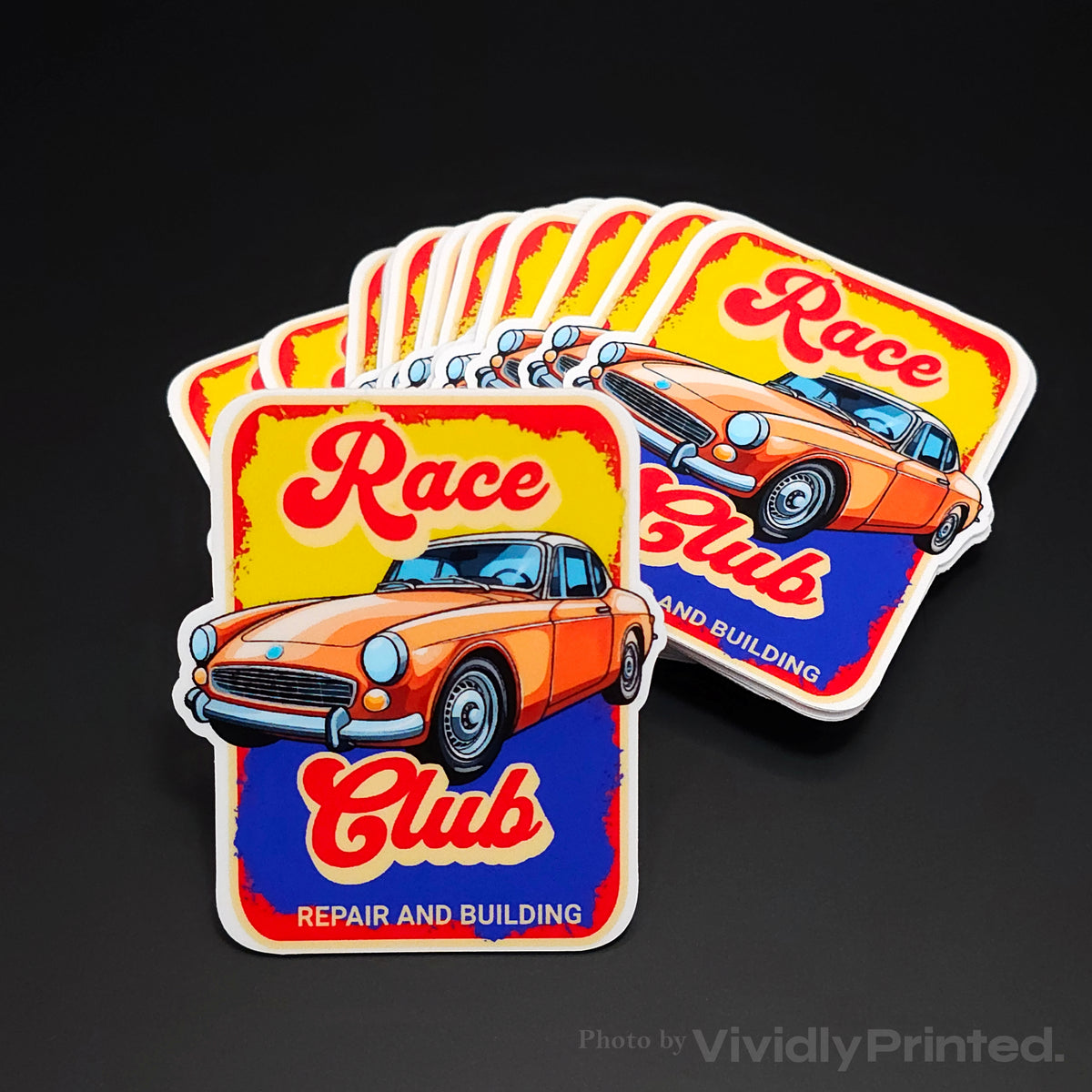 Square Race Club stickers with an orange car illustration