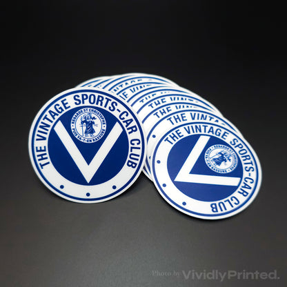 Round blue and white Vintage Sports Car Club logo stickers