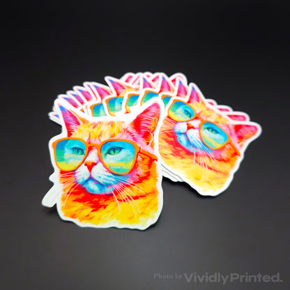 Die-cut orange cat stickers with blue sunglasses