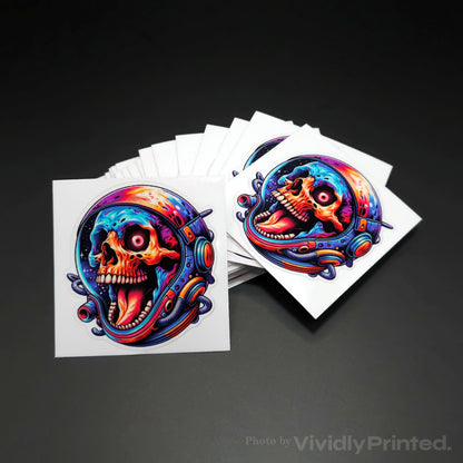 Individual kiss-cut skull stickers with headphones on square white backing
