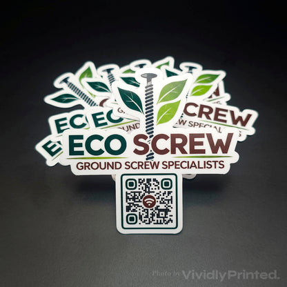 Eco Screw logo stickers with a QR code and green leaf design