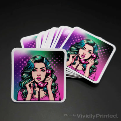Square stickers with a woman wearing headphones on a purple background