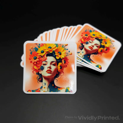 Square stickers with an illustrated woman wearing a flower crown