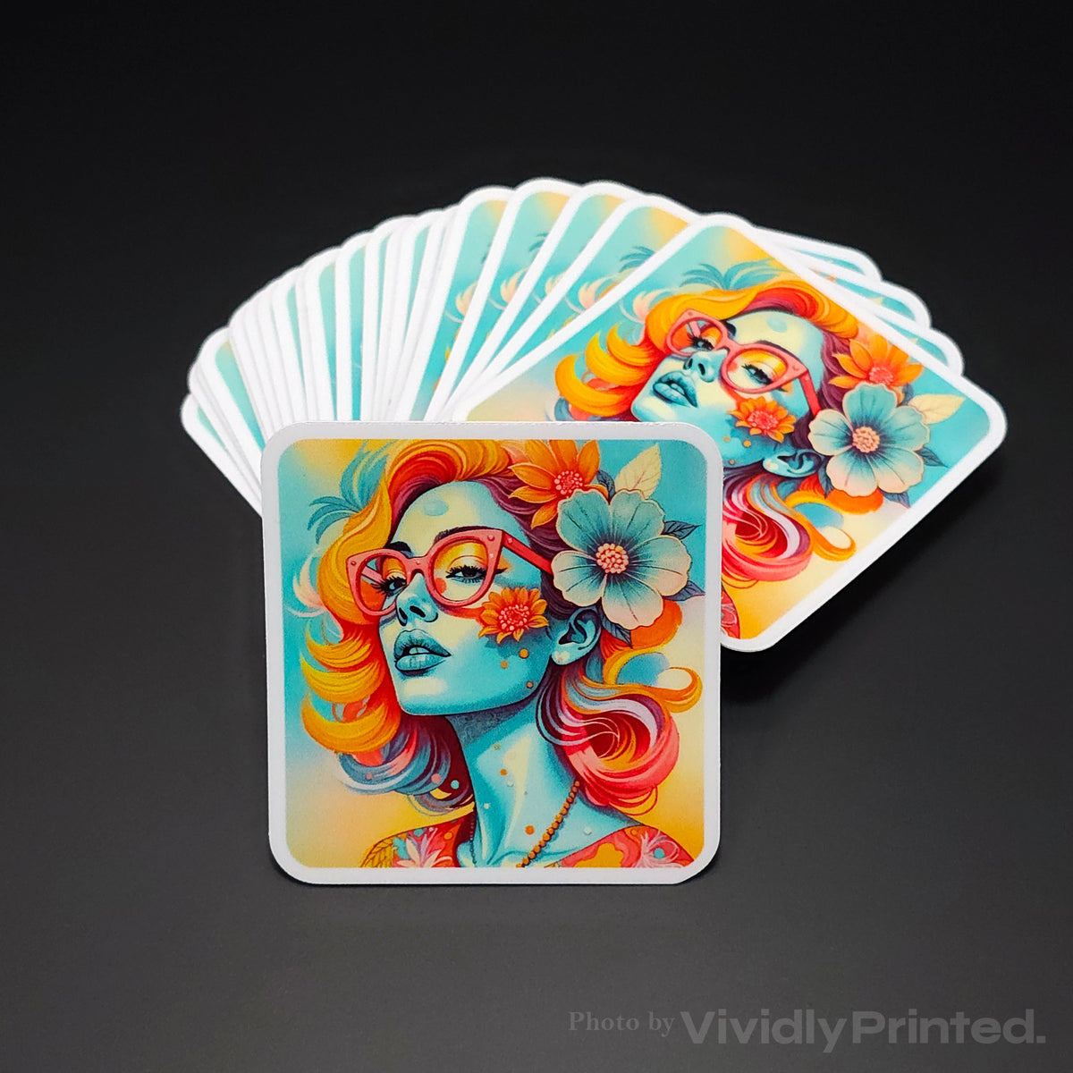 Square stickers with an illustrated woman wearing glasses and flowers