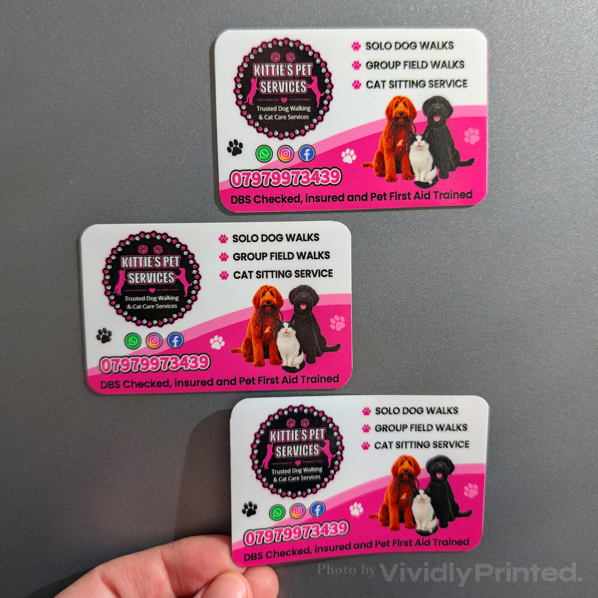 Pink pet service magnetic business cards displayed on a grey surface