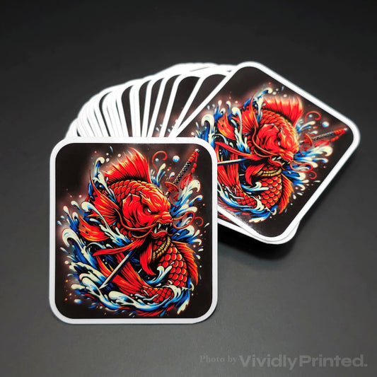 Square stickers with a red koi fish design and rounded corners