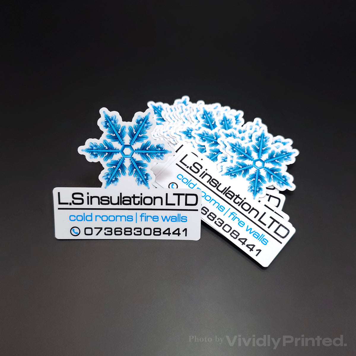 Die-cut L.S Insulation Ltd business stickers with a blue snowflake design
