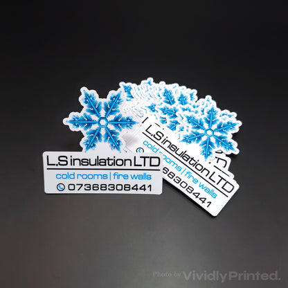 Die-cut L.S Insulation Ltd business stickers with a blue snowflake design