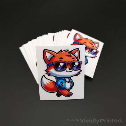 Individual kiss-cut fox stickers with sunglasses on square white backing
