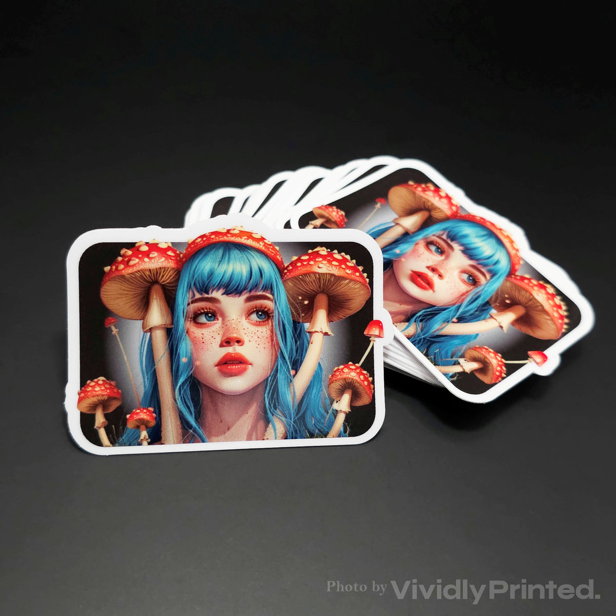 Die-cut stickers with an illustrated woman surrounded by mushrooms
