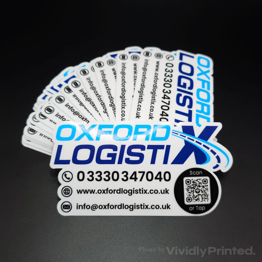 Oxford LogistiX business stickers with contact details and a QR code