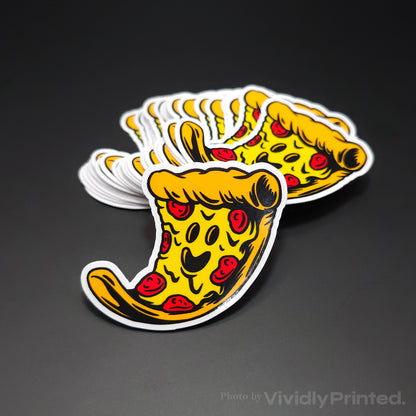 Die-cut pizza slice stickers with yellow cheese and white borders