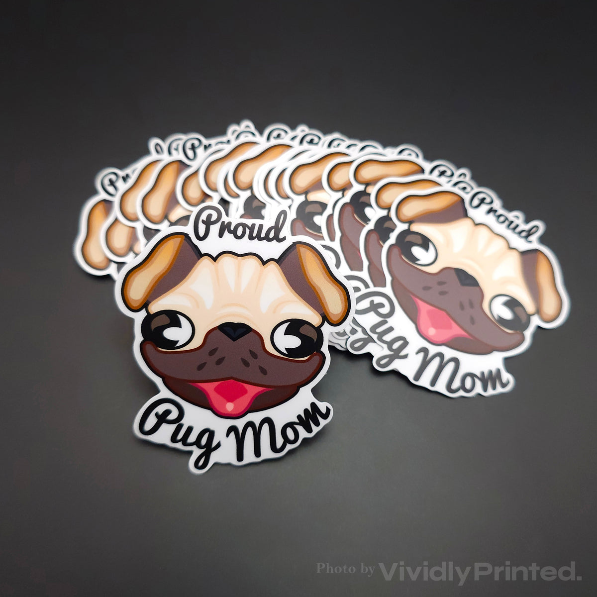 Die-cut Pug Mom stickers with a cartoon pug design