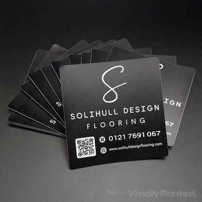 Black Solihull Design Flooring business stickers with a QR code