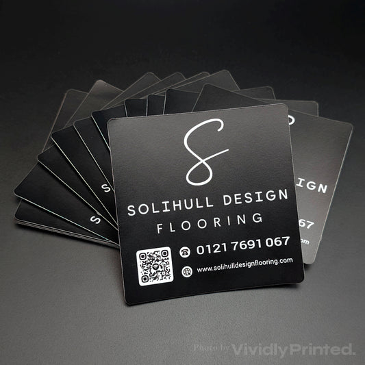 Black Solihull Design Flooring business stickers with a QR code