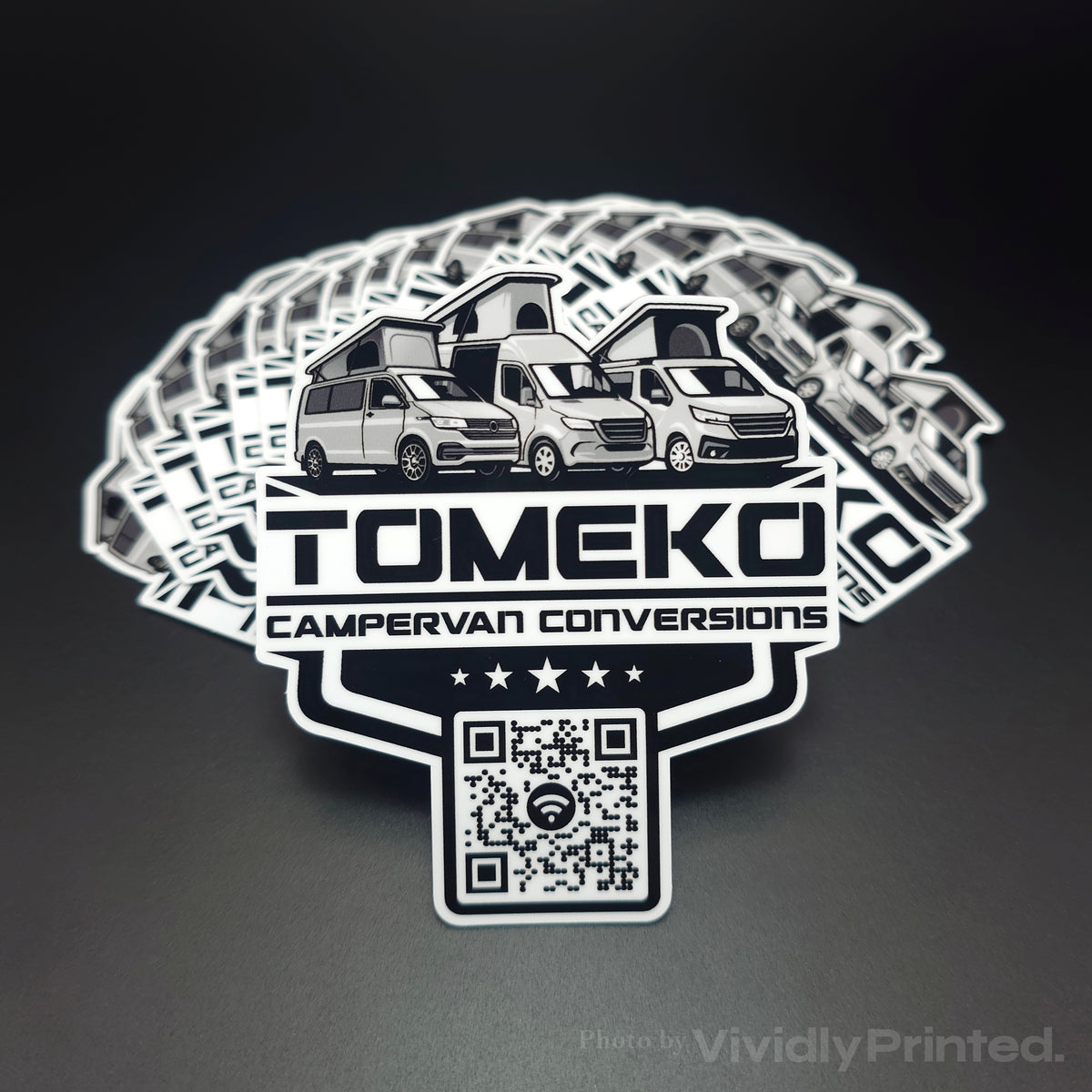 Tomeko campervan conversion stickers with a campervan design and QR code