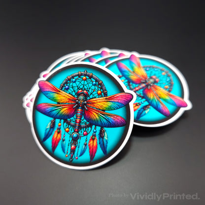 Die-cut dragonfly stickers with turquoise and rainbow artwork