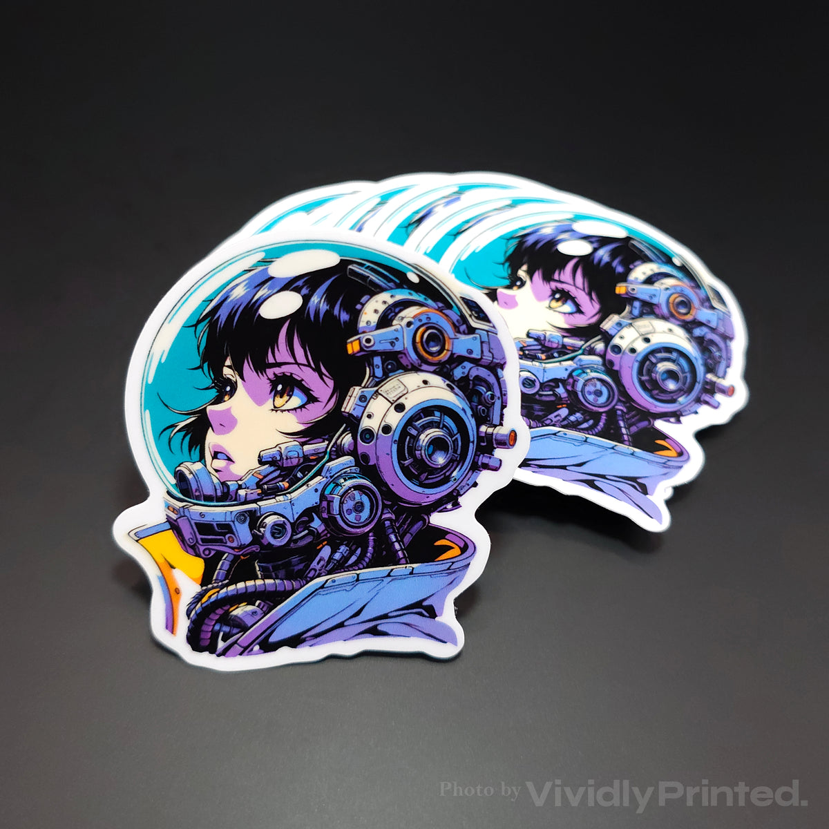 Die-cut stickers with a girl wearing futuristic headphones