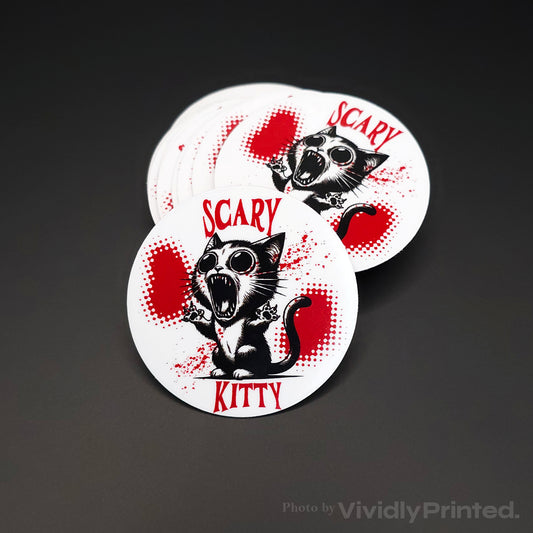 Round Scary Kitty stickers with a black cat and red lettering